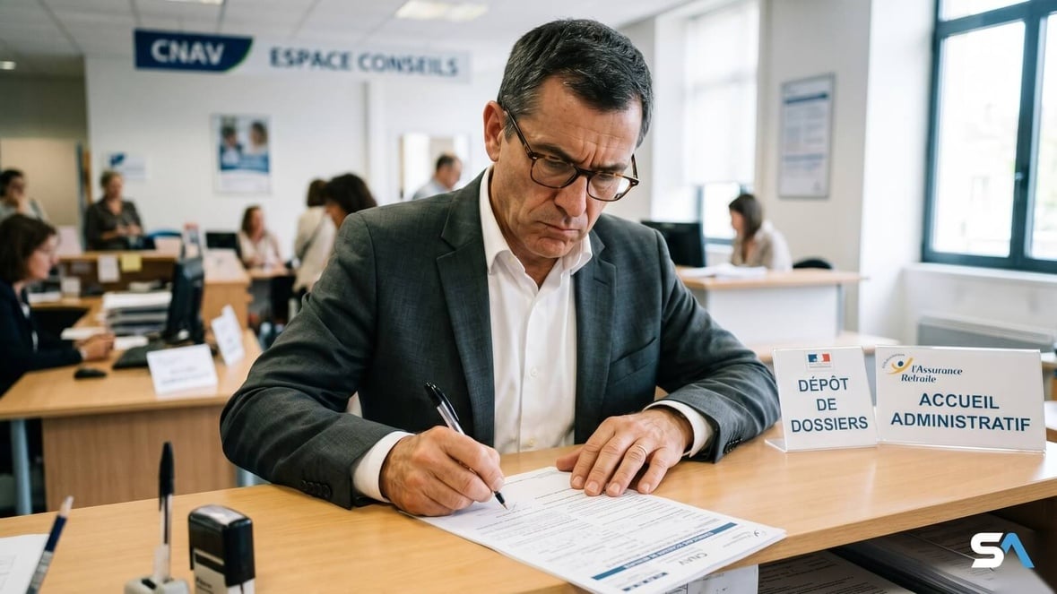 Retraité signe un formulaire de liquidation dans une agence de retraite Retraité signe un formulaire de liquidation dans une agence de retraite