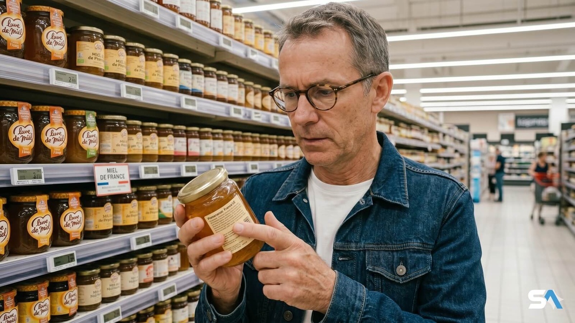 Un senior retourne un pot de miel en supermarché pour lire l'étiquette