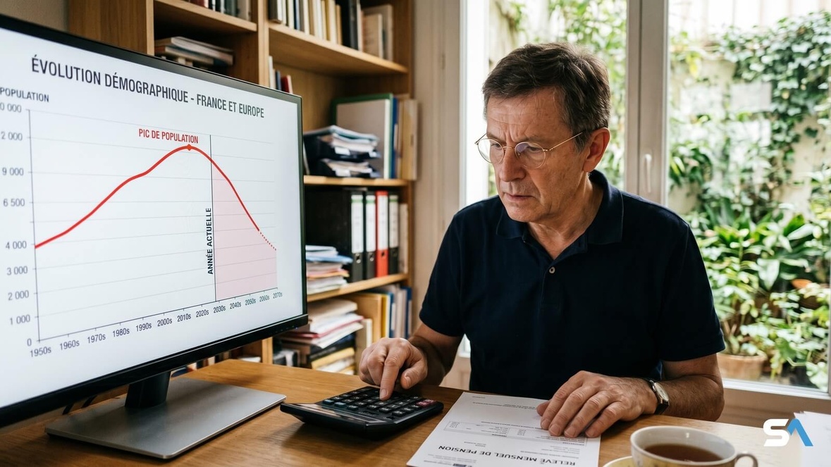 Un retraité face à la courbe de déclin démographique et son relevé de pension