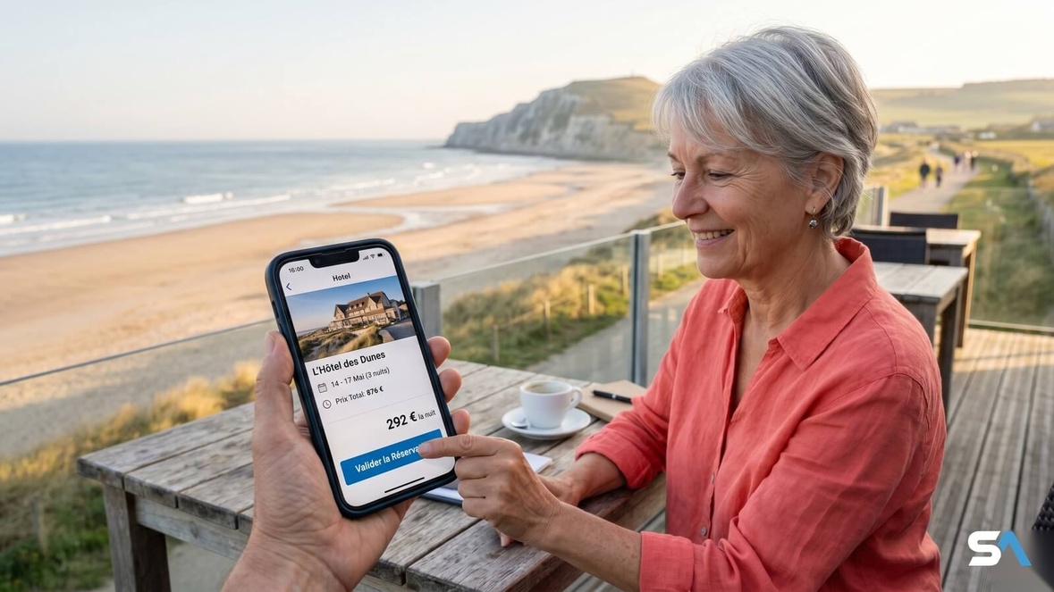 Un couple Senior réserve son hôtel de septembre face à la mer