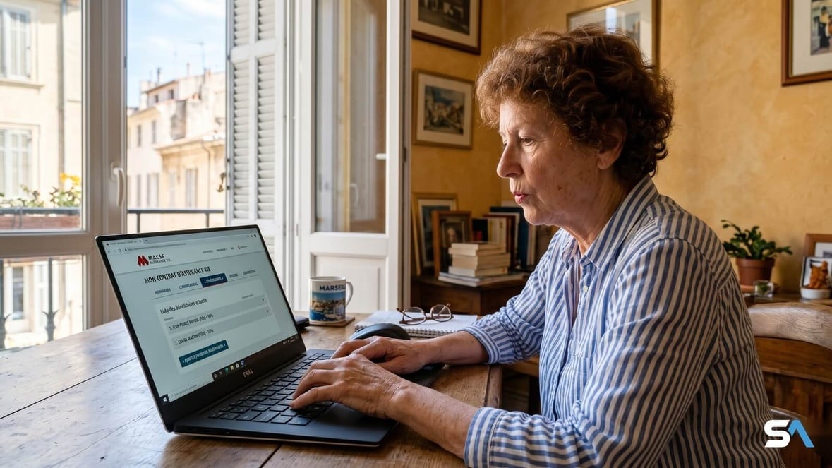 une retraitée met à jour ses bénéficiaires d'assurance-vie sur ordinateur