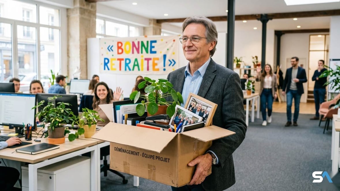 Un jeune senior porte son carton de départ sous une banderole "Bonne retraite" ! Un jeune senior porte son carton de départ sous une banderole "Bonne retraite" !