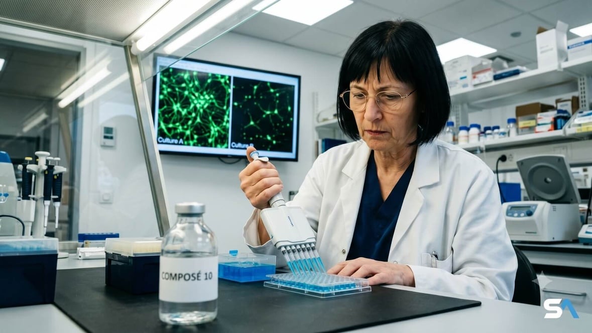 Chercheuse injecte le composé 10 à la pipette Chercheuse injecte le composé 10 à la pipette