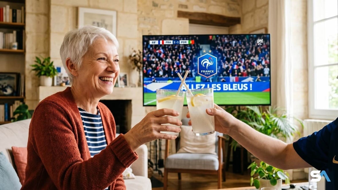 Deux seniors trinquent devant un match de football à la télévision Deux seniors trinquent devant un match de football à la télévision