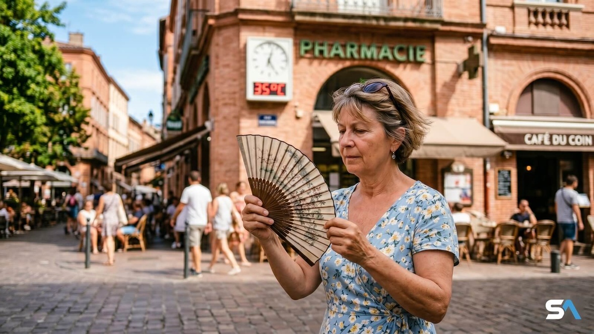 Une retraitée s'évente devant un thermomètre de pharmacie en ville Une retraitée s'évente devant un thermomètre de pharmacie en ville