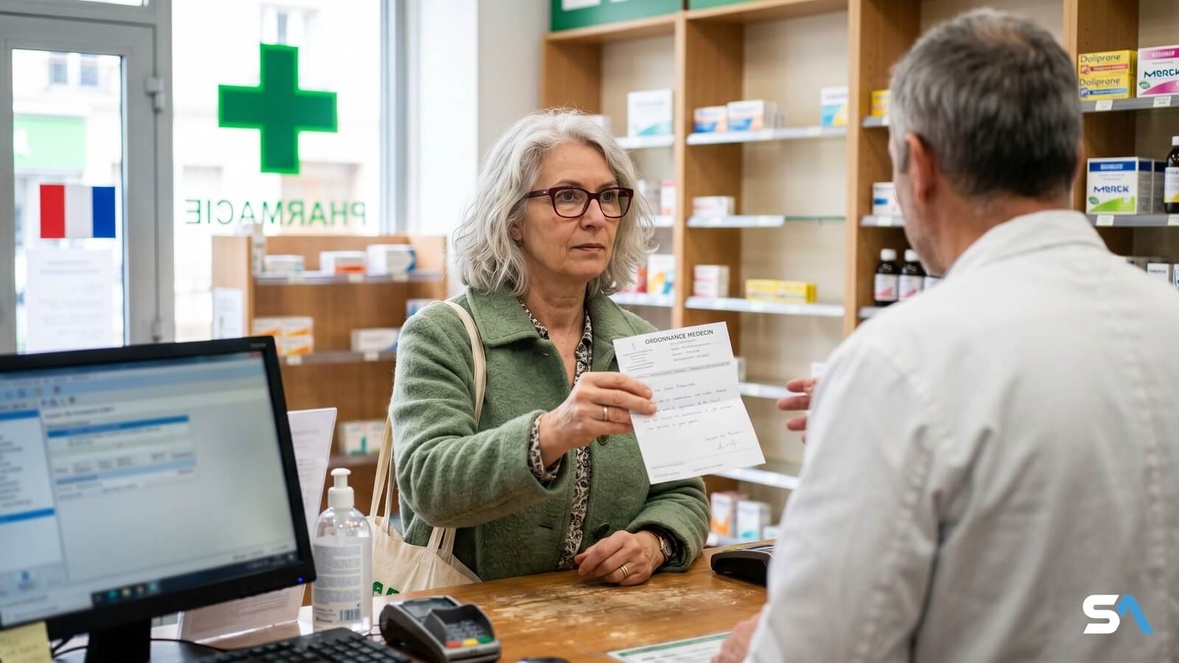 Une retraitée tend son ordonnance au comptoir d'une pharmacie française