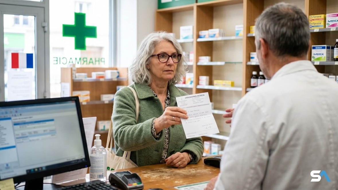 Une retraitée tend son ordonnance au comptoir d'une pharmacie française Une retraitée tend son ordonnance au comptoir d'une pharmacie française