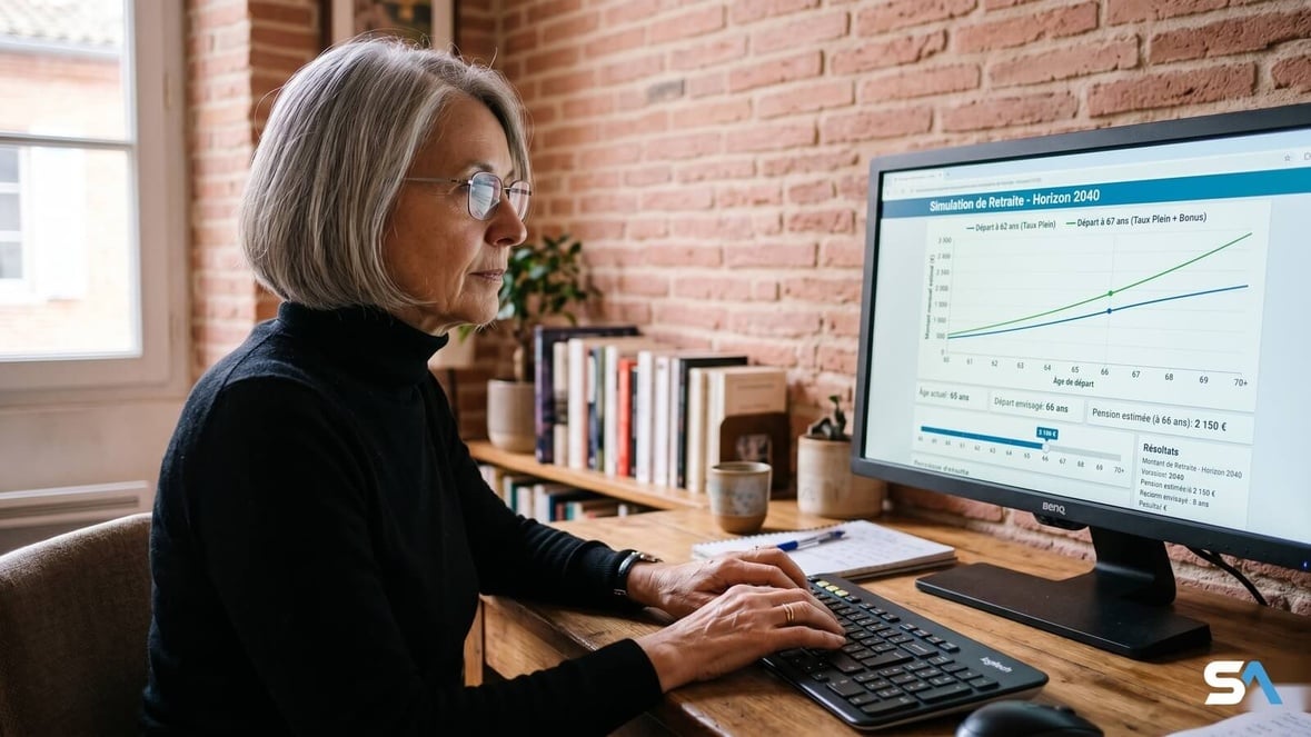 Une retraitée consulte un simulateur de pension sur son ordinateur