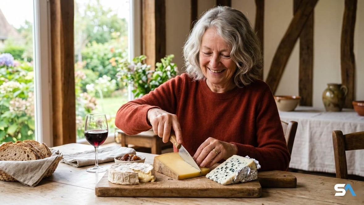 Retraitée coupe une part de comté sur une planche en bois Retraitée coupe une part de comté sur une planche en bois