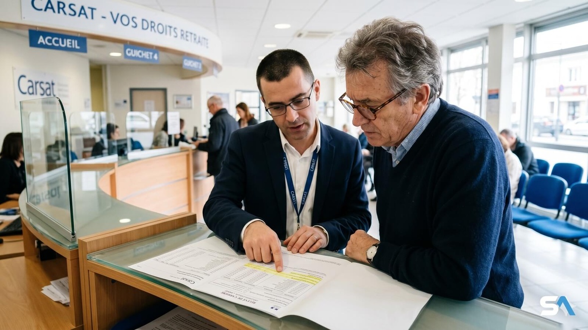 Un retraité tend un dossier au guichet d'une agence Carsat