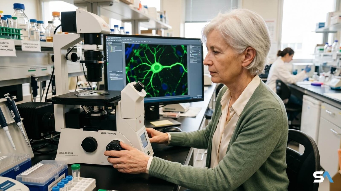 Une chercheuse observe une cellule sur un écran de microscope en laboratoire