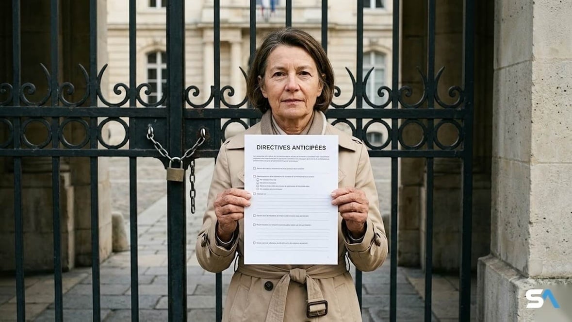 Une retraitée tient ses directives anticipées devant une grille institutionnelle fermée Une retraitée tient ses directives anticipées devant une grille institutionnelle fermée