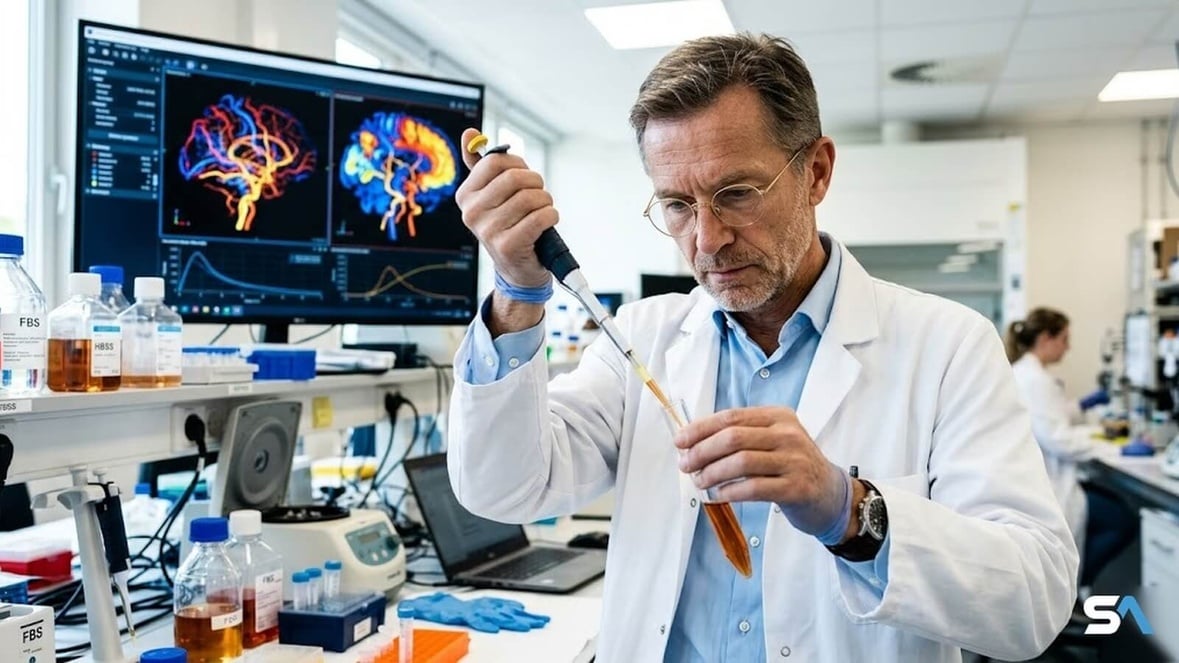 Un chercheur pipette un liquide cuivré en laboratoire
