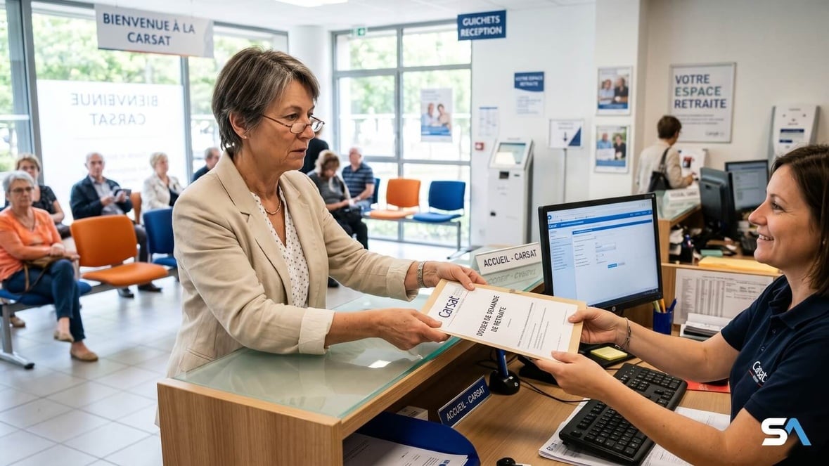 Une retraitée tend un dossier au guichet d'une caisse de retraite. Une retraitée tend un dossier au guichet d'une caisse de retraite.