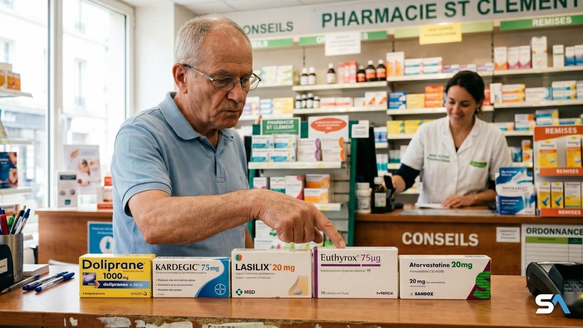Un retraité aligne ses boîtes de médicaments sur le comptoir d'une pharmacie.