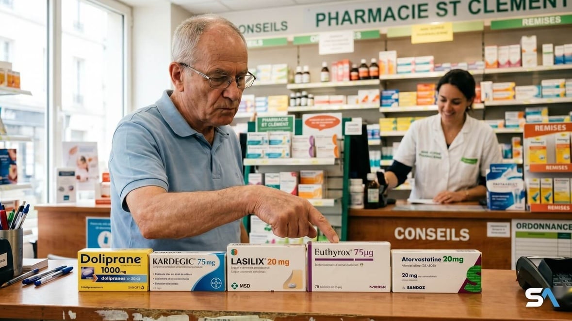 Un retraité aligne ses boîtes de médicaments sur le comptoir d'une pharmacie. Un retraité aligne ses boîtes de médicaments sur le comptoir d'une pharmacie.