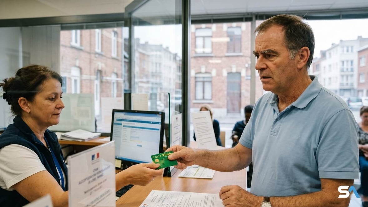 Un retraité tend sa carte Vitale au guichet d'une agence CPAM. Un retraité tend sa carte Vitale au guichet d'une agence CPAM.
