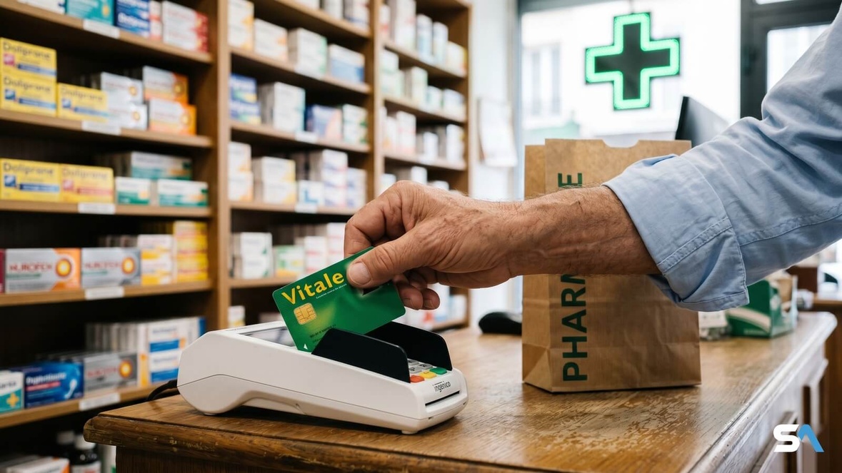 Un retraite glisse sa carte Vitale dans le lecteur d'une pharmacie Un retraite glisse sa carte Vitale dans le lecteur d'une pharmacie