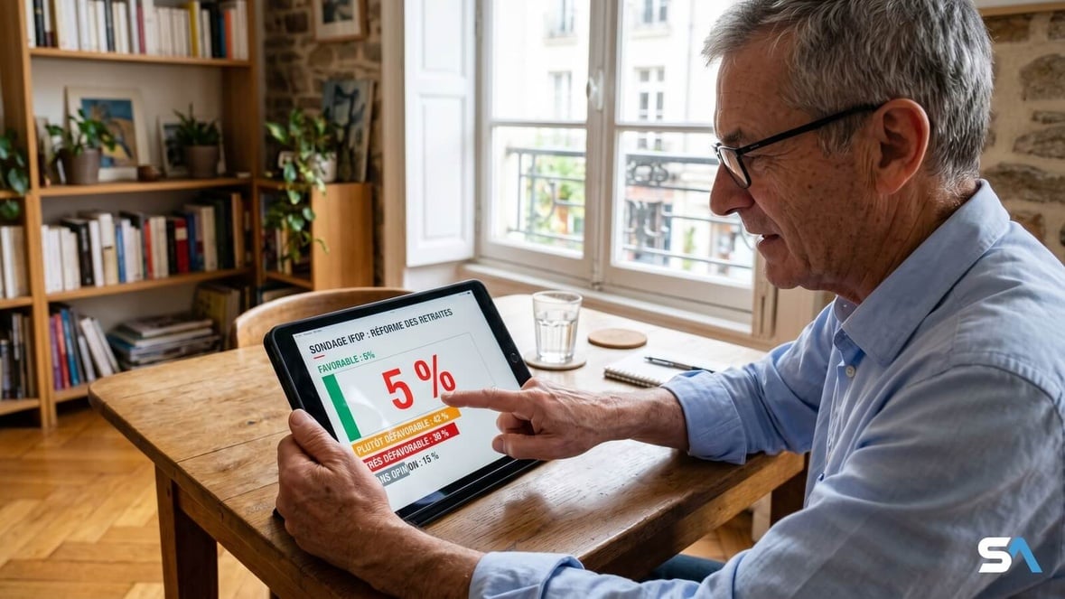 Un retraité pointe le chiffre 5 % sur un graphique de sondage affiché sur tablette Un retraité pointe le chiffre 5 % sur un graphique de sondage affiché sur tablette
