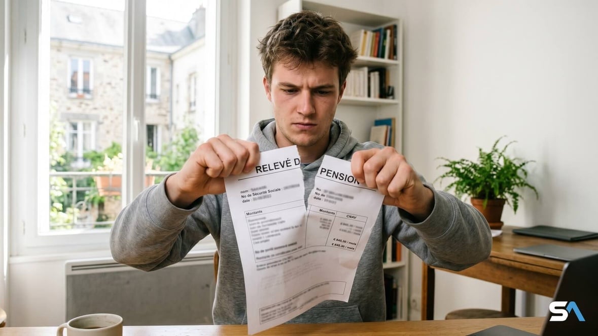 Un jeune homme déchire un relevé de pension en deux Un jeune homme déchire un relevé de pension en deux