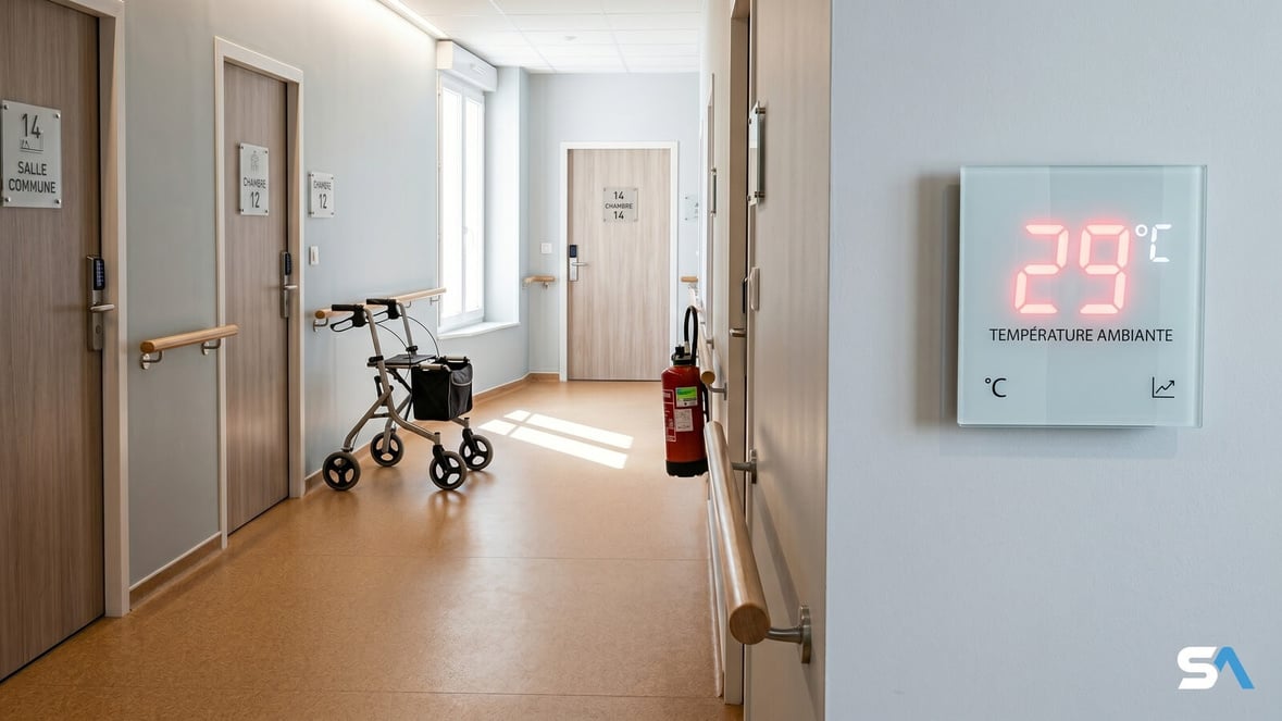 Un thermomètre à 29 degrés dans un couloir d'Ehpad vide Un thermomètre à 29 degrés dans un couloir d'Ehpad vide