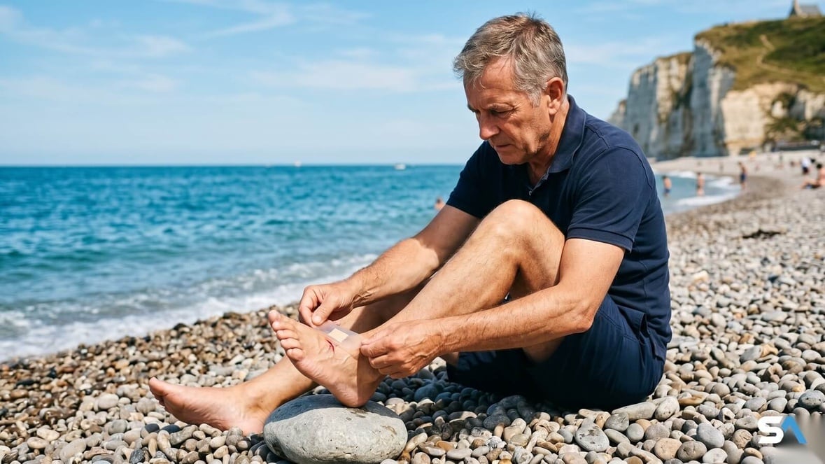 Un retraité applique un pansement sur son pied au bord d'une plage normande. Un retraité applique un pansement sur son pied au bord d'une plage normande.