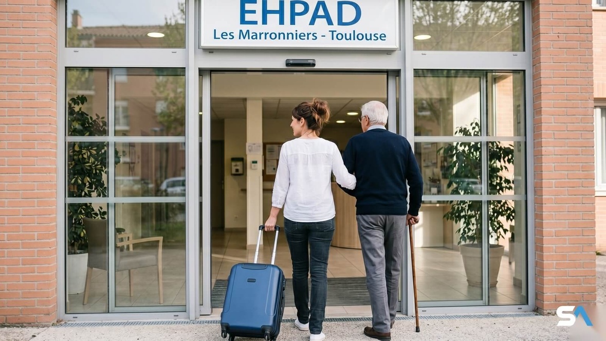 Une fille accompagne son père à l'entrée d'un EHPAD avec une valise.