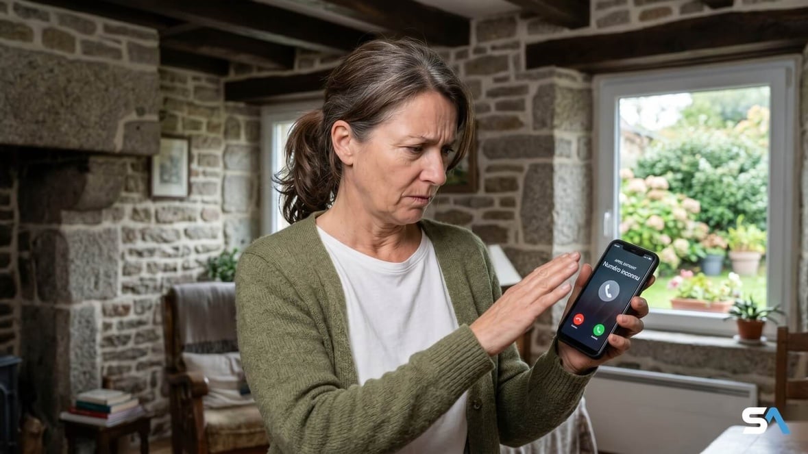 Une retraitée éloigne son smartphone affichant un numéro inconnu.