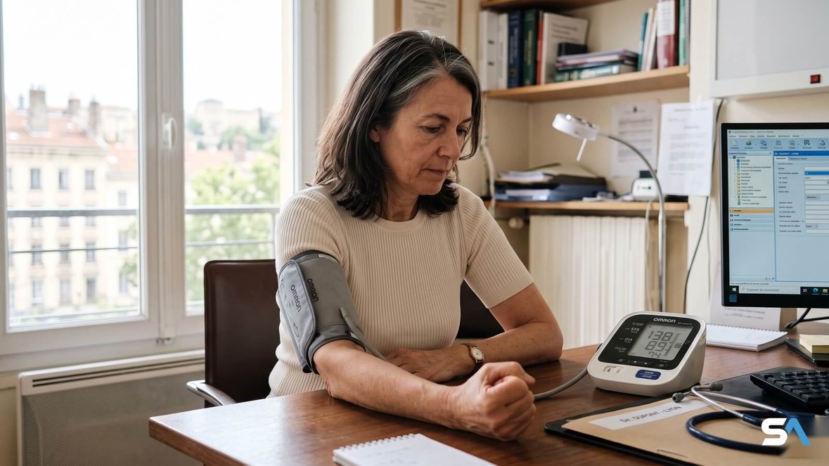 Une patiente mesure sa tension lors d'un bilan ménopause