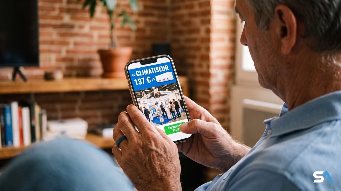 Un smartphone affiche une publicité frauduleuse pour un faux climatiseur