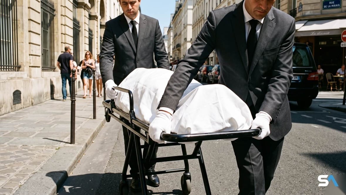 Un brancard recouvert d'un drap transporté par des agents funéraires dans une rue de Paris