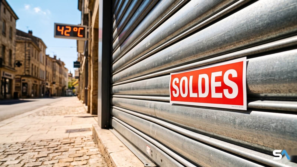 Un rideau de fer baissé avec un autocollant Soldes décollé par la chaleur