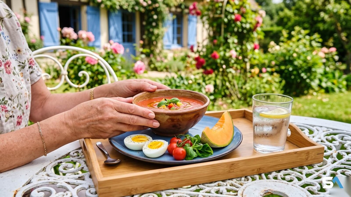 Une femme senior a préparé un plateau-repas froid sur une table de jardin en fer forgé