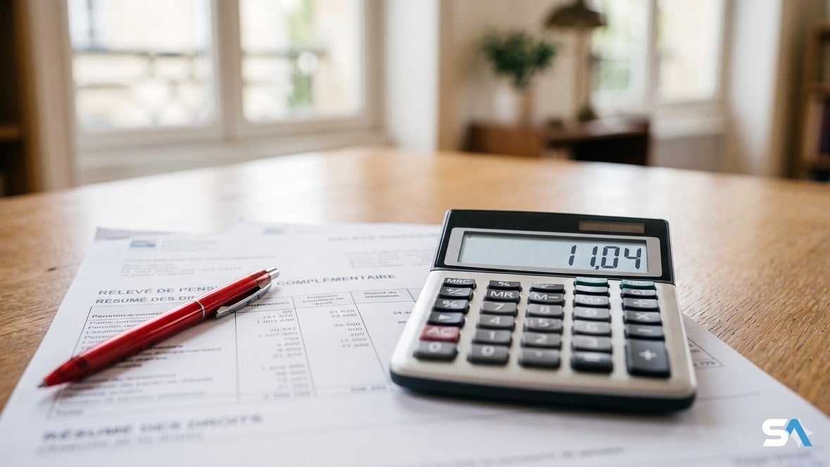 Une calculatrice affichant 11,04 posée sur un relevé de pension Une calculatrice affichant 11,04 posée sur un relevé de pension