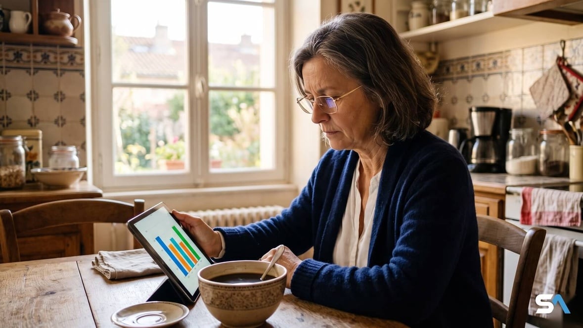 Une retraitée qui lit les résultats d'un sondage sur sa tablette