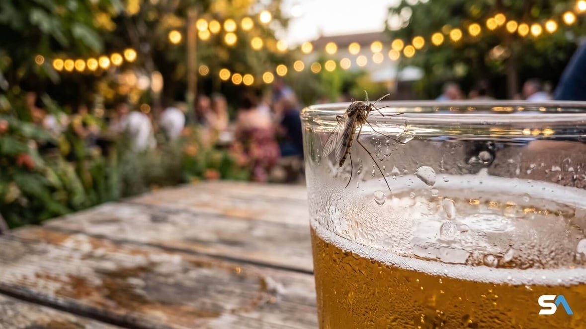 Un moustique posé sur le rebord d'un verre de bière en terrasse