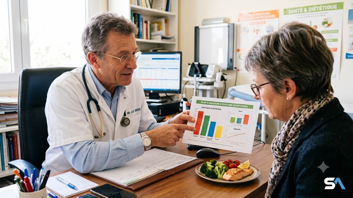 Un médecin montre un graphique à une patiente à côté d'une assiette de légumes et de poisson