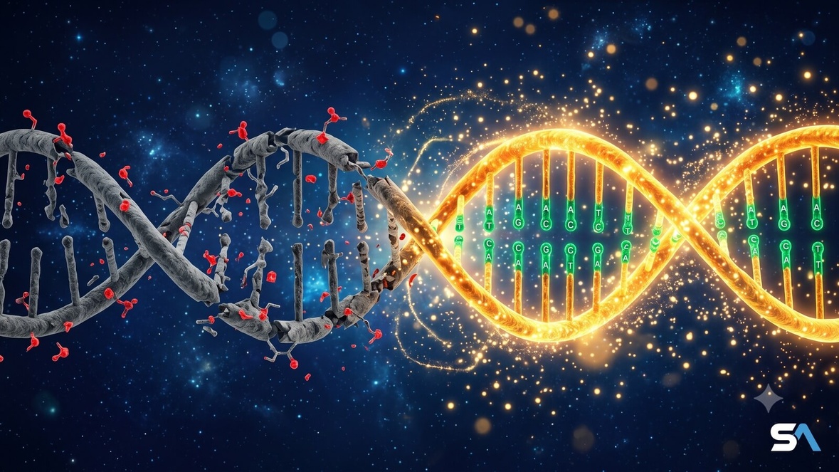 Une double hélice d'ADN dont une moitié rajeunit