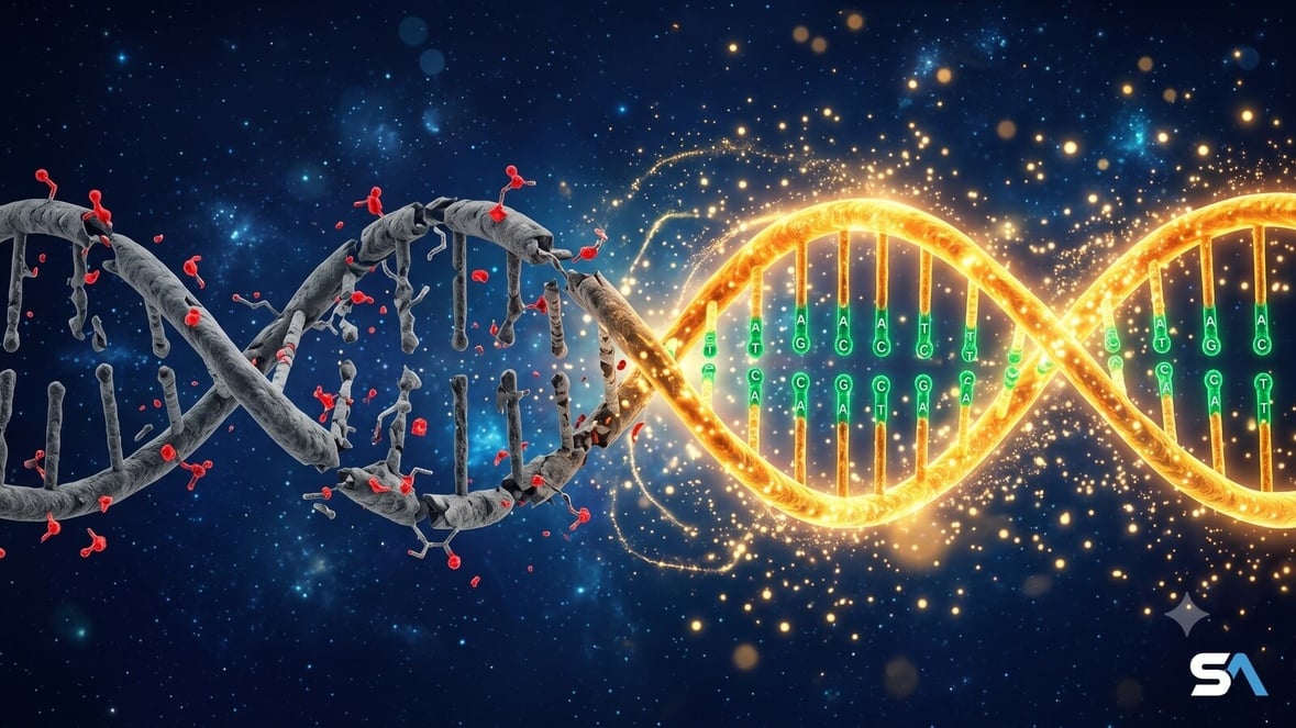 Une double hélice d'ADN dont une moitié rajeunit Une double hélice d'ADN dont une moitié rajeunit