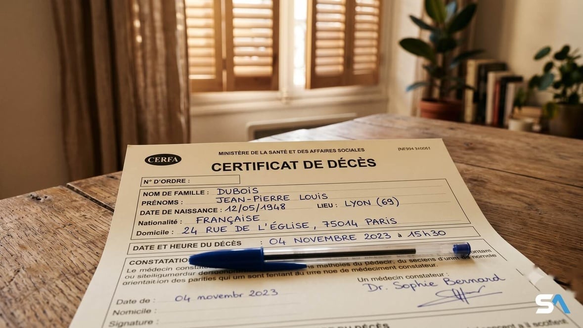 Un certificat de décès papier partiellement rempli au stylo bleu sur une table en bois Un certificat de décès papier partiellement rempli au stylo bleu sur une table en bois