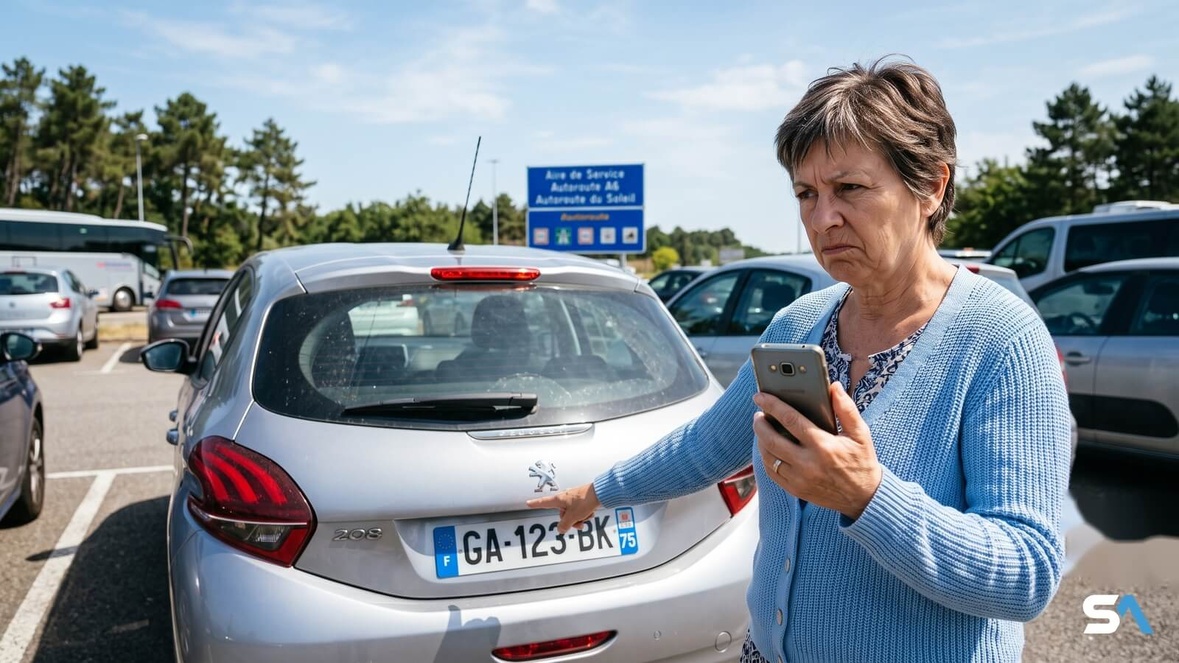 Une retraitée pointe la plaque de sa voiture en consultant son smartphone sur une aire d'autoroute