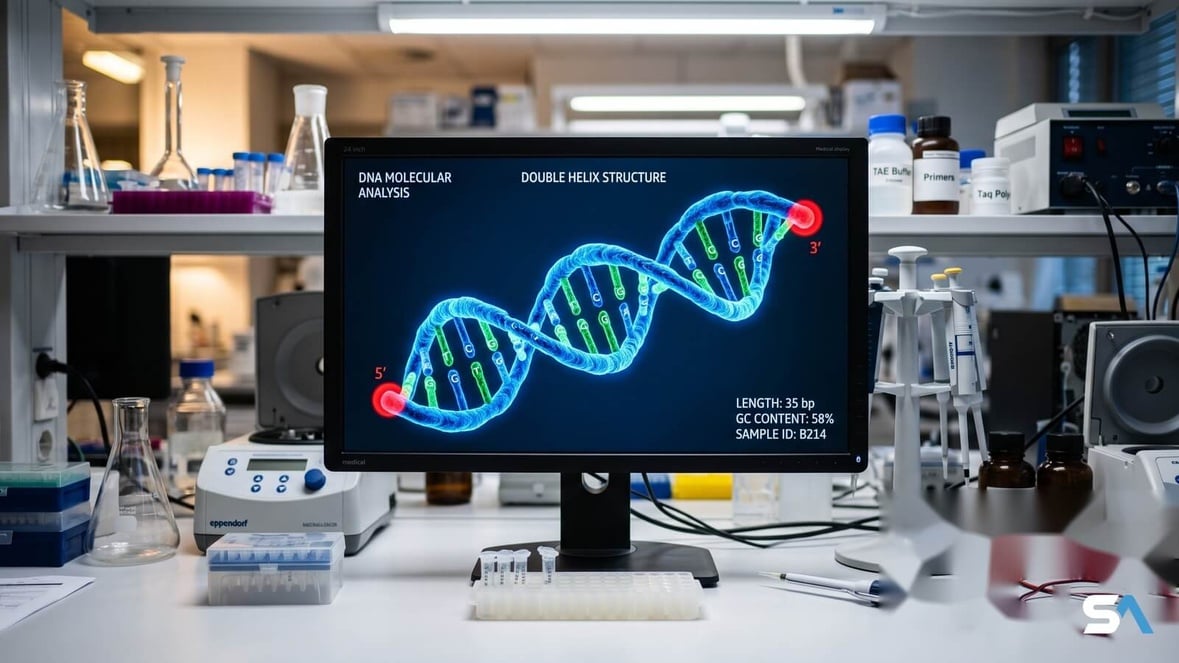 Un écran de laboratoire affichant une double hélice d'ADN colorée Un écran de laboratoire affichant une double hélice d'ADN colorée