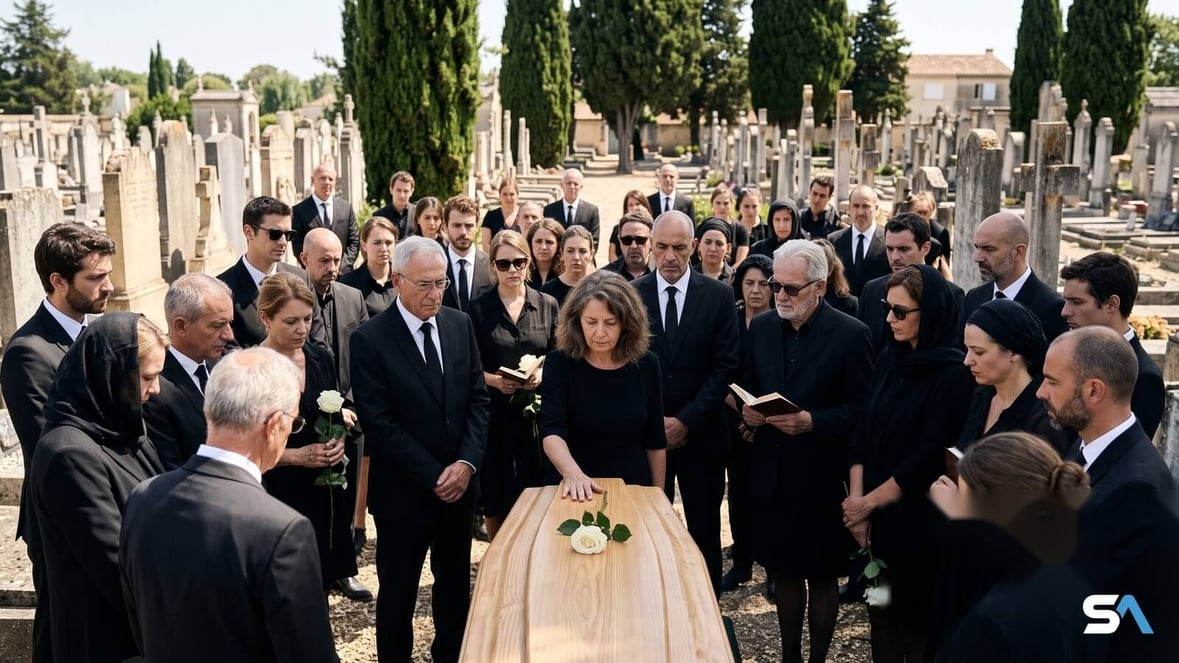 Famille se reccueillant devant le cerceuil d'un parent âgé décédé pendant la canicule de juin 2026 Famille se reccueillant devant le cerceuil d'un parent âgé décédé pendant la canicule de juin 2026