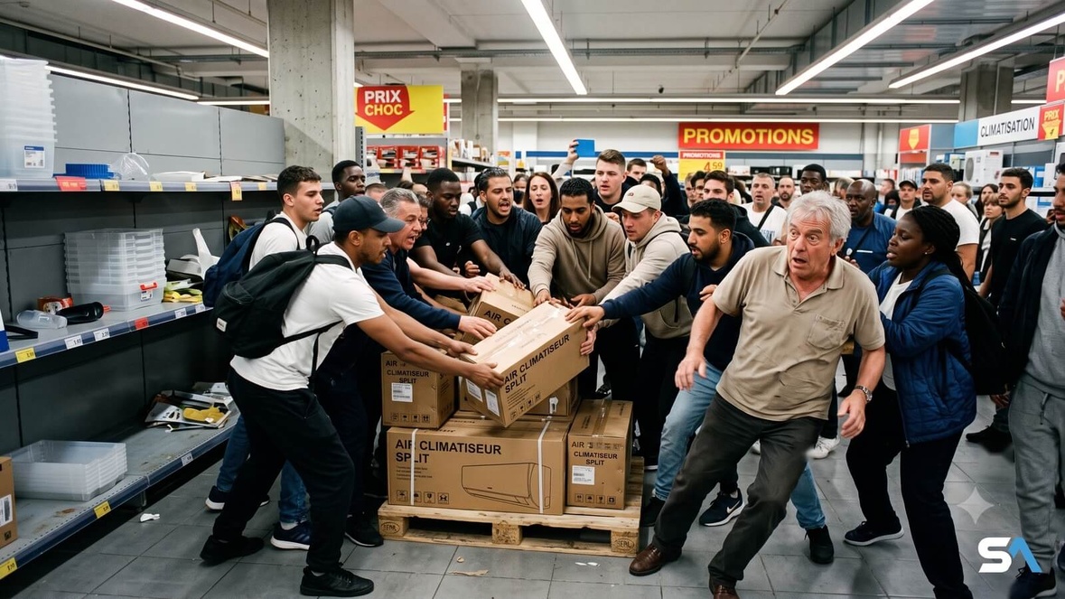 image fictive générée par IA, pour illustrer la cohue générée par l'opération climatiseurs chez Lidl le 02 juillet 2026