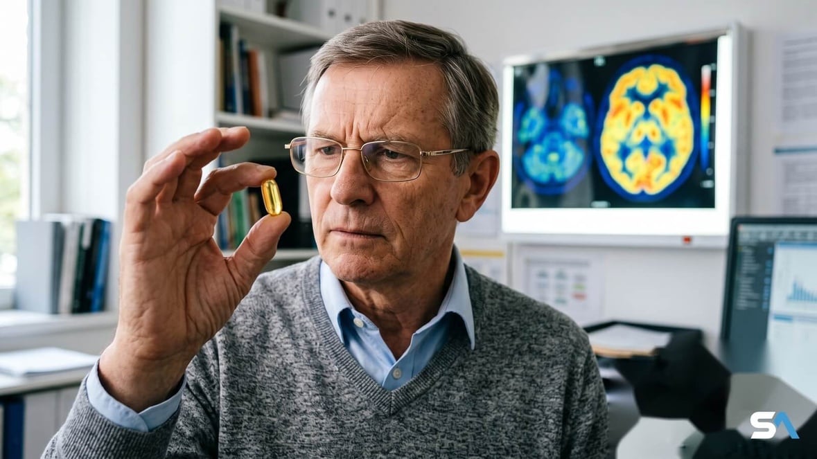 Un senior regarde une gélule d'oméga-3 devant une imagerie cérébrale