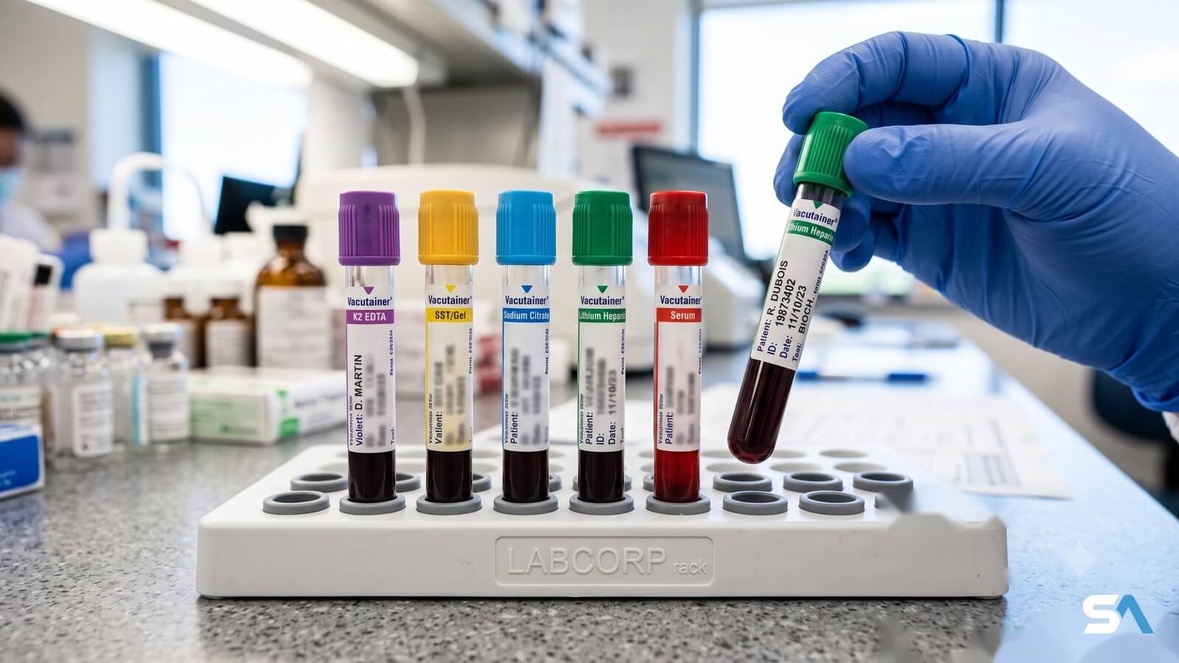 Des tubes de prélèvement sanguin colorés sur un portoir de laboratoire
