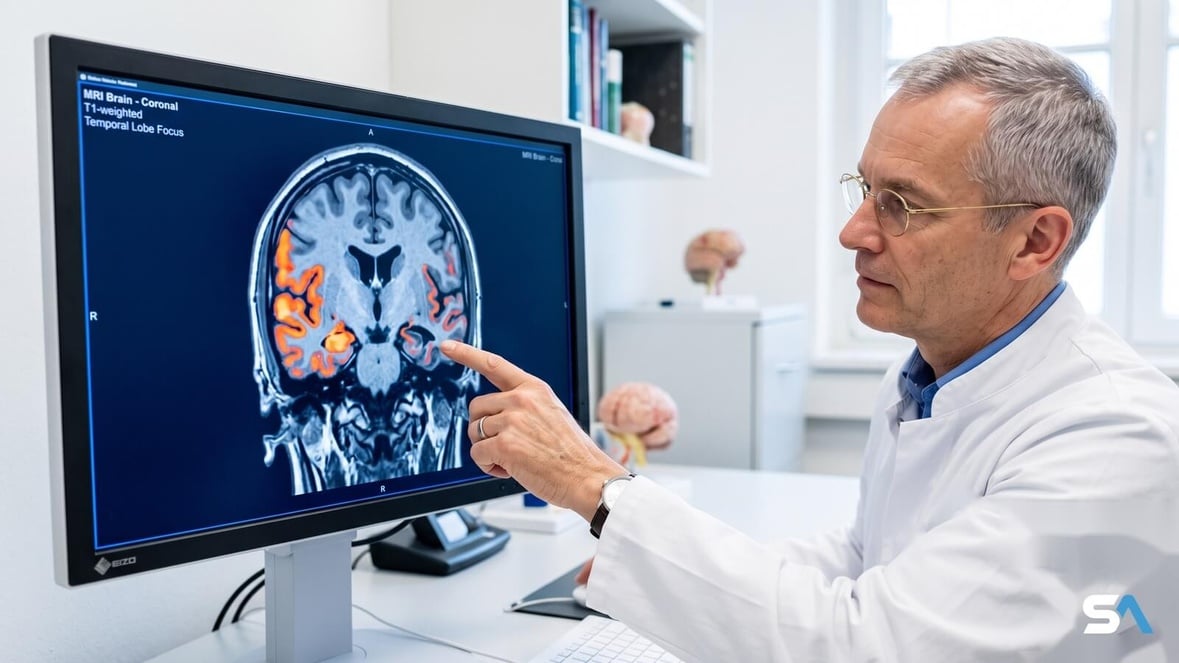 Un neurologue pointe une zone de rétrécissement sur une IRM cérébrale