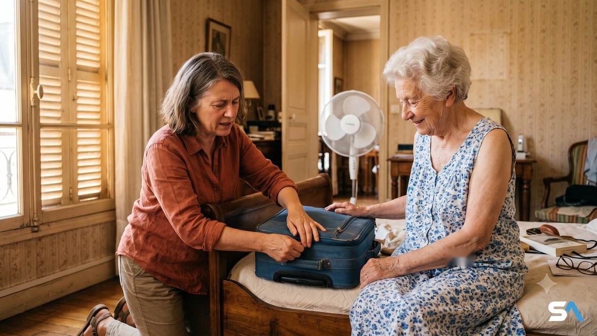 Une retraitée aide sa mère âgée à préparer sa valise pour aller en EHPAD Une retraitée aide sa mère âgée à préparer sa valise pour aller en EHPAD