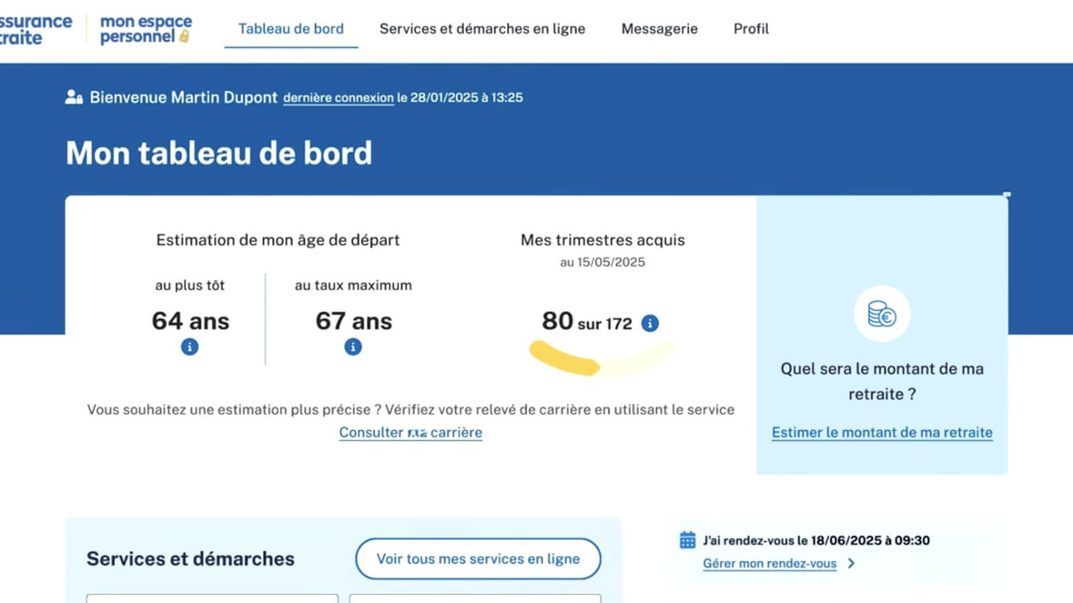 Caputre écran de la nouvelle interface du site Internet de l'Assurance Retraite