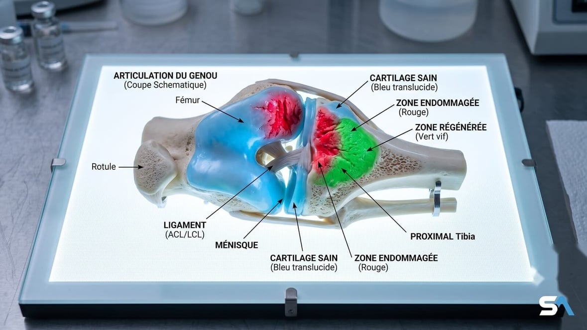 Une coupe schématique d'articulation du genou sur une table lumineuse de laboratoire Une coupe schématique d'articulation du genou sur une table lumineuse de laboratoire